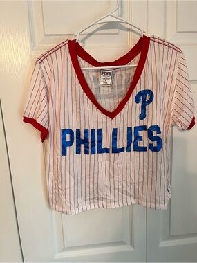 PINK Victoria's Secret White Red Pinstripe 'PHILLIES' V-Neck Tee with Blue Logo